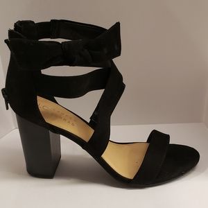 Black faux suede block heeled sandal